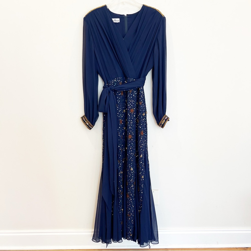 Vintage Jack Bryan Evening Gown Dress Large Blue Beaded Chiffon Celestial Gala